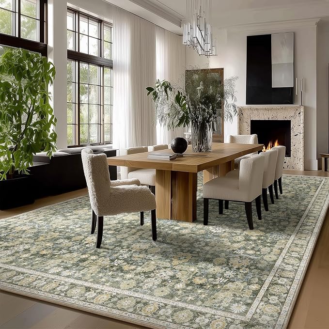 Washable Rugs for Living Room: 9x12 Area Rugs for Bedroom Ultra Soft Non-Slip Stain Resistant Vintage Boho Large Carpet for High-Traffic Dining Room - Farmhouse Decor