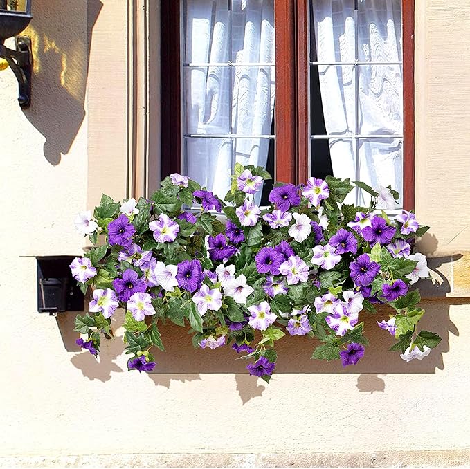 Ammyoo Artificial Hanging Fake Flowers with Basket Plants for Outdoor Decoration, Faux Silk Flower UV Resistant Morning Glory for Home Porch Patio Garden Balcony Yard Look Real (Purple White)