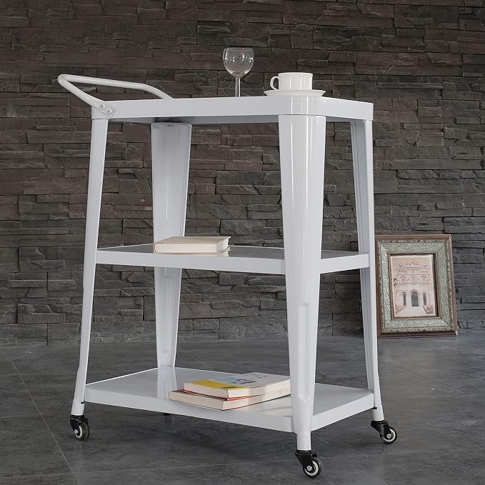 AC Pacific Harold 3-Tier Metal Rolling Cart with Swivel Rollers, Durable Utility Table on Wheels with Handle, All Metal Frame for Easy Mobility, Versatile Kitchen Stand for Bar or Serving Use, White