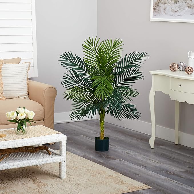 Nearly Natural 4ft Golden Cane Palm, Double Stalk Artificial Tree With Lush Realistic Foliage Maintenance Free Indoor Faux Palm Plant For Living Room, Easy Setup, Perfect Tropical Decoration