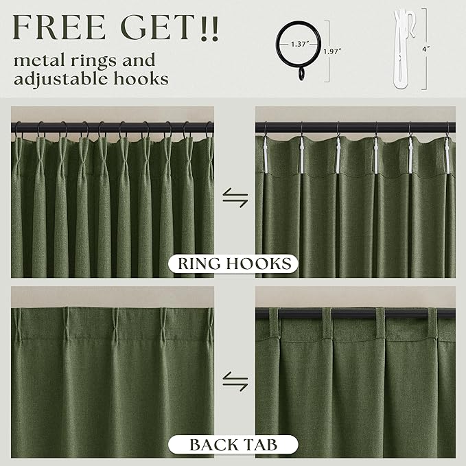 36 Inch Pleated Linen Curtains 36 Inch Length 2 Panel Set Memory Trained Pinch Pleated Privacy Semi Sheer Light Filtering Short Kitchen Window Curtain Thick Loden Olive Green Mini Cafe Small Drapes