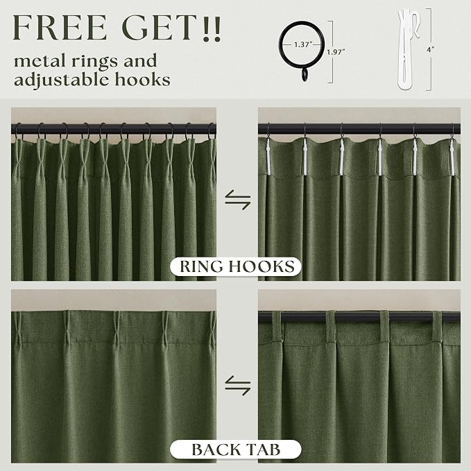 Extra Long 126 Inch Pinch Pleated Sheer Curtains 2 Panels Set with Hooks Rings for Living Room Bedroom, Olive Green Memory Shape Linen Light Filtering Privacy Luxury Windows Curtain Drapes Loden