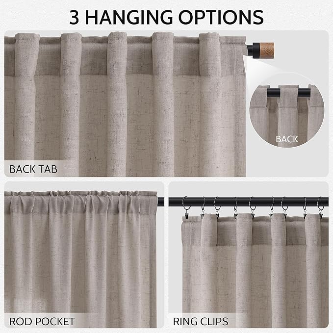 Nanspring Stone Beige Linen Curtains 84 Inches Long for Living Room Light Filtering Semi Sheer Curtain Back Tab Simple Modern Elegant Farmhouse Luxury Drapes for Bedroom Office 52x84,2 Panels