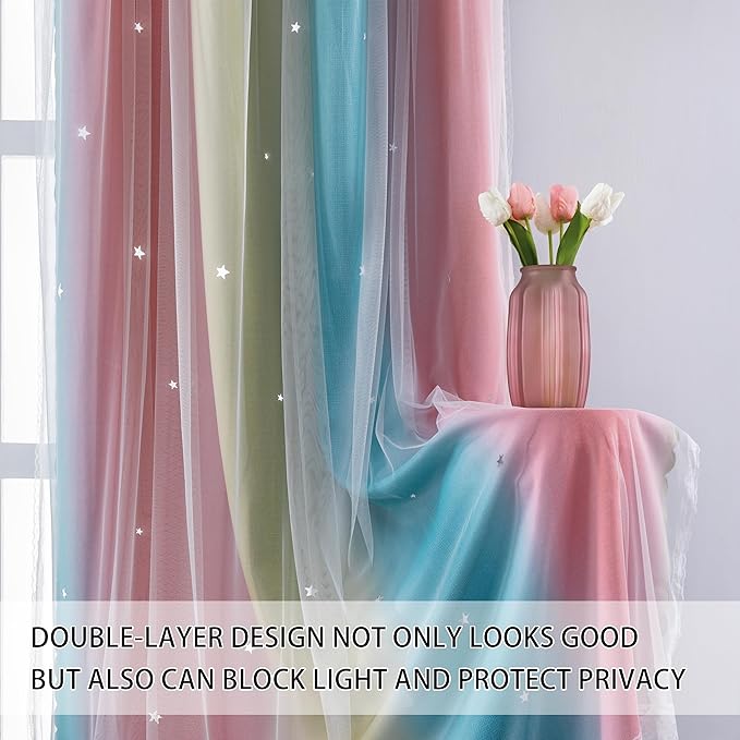 XiDi Girls Room Decro, Blackout Curtains for Kids Bedroom, Colorful Rainbow Style, Unicorn Wall Decor Ombre Curtains, Princess Room 63 Inches Long Pink/Blue