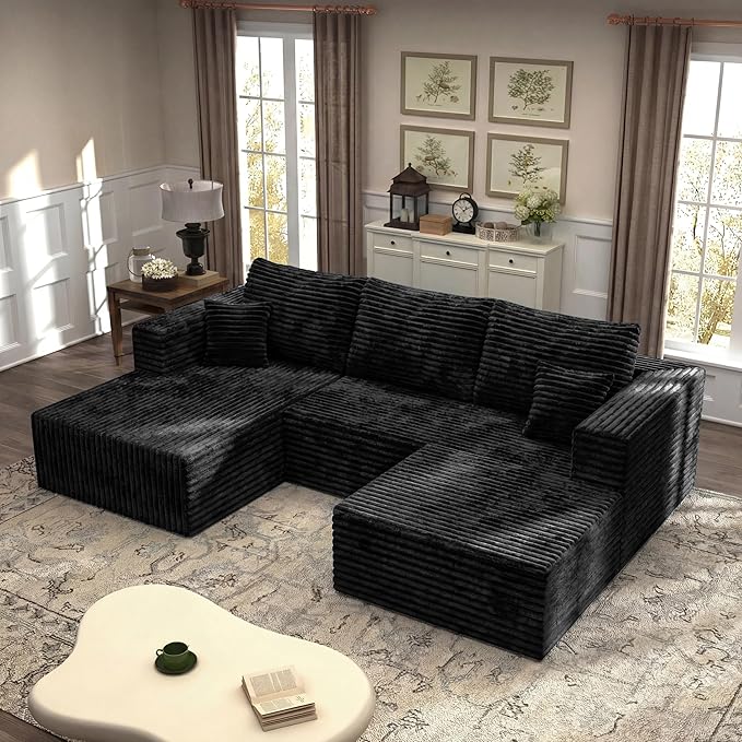 27.56'' Plush Fluffy Corduroy Poofy Ottoman in a Box for Boneless Sofa Couch, Modern Compressed Foot Rest, Small Comfy Rectangle Boneless Pouf Footstool Ottoman for Living Room, Bedroom, Black