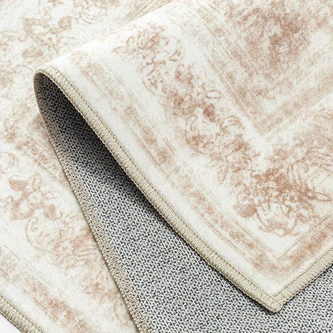 PureCozy Area Rug 10x12 Cream Washable Living Room Beige Carpet Non Slip Vintage Medallion Indoor Bedroom Beige Carpet Low Pile Soft Retro Distressed Large Rug Home Office Dining Room Playroom