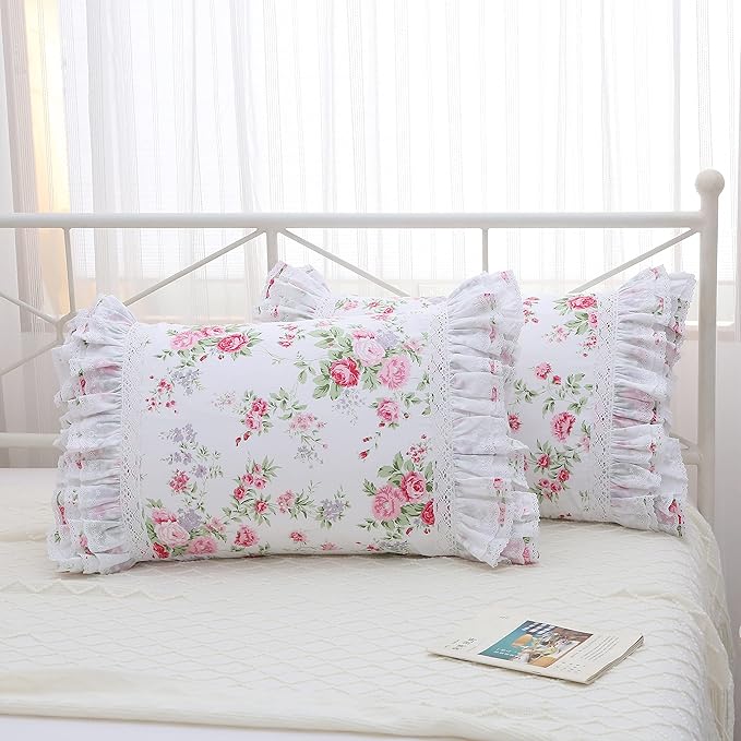 2-Pack Rose Floral Print Pillow Shams with Lace Ruffles Shabby Chic Queen Size Pillowcases 20 x 30 Country Vintage Style