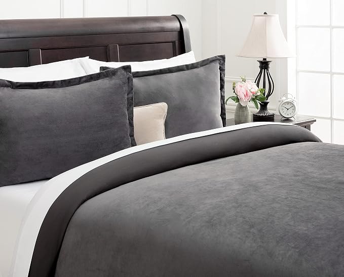 Chanasya Premium Velour Velvet Duvet Cover Set - Duvet Cover (68” x 90”) & 1 Pillow Sham (20” x 26”) - 2-Piece Set - Dark Gray, Twin Size