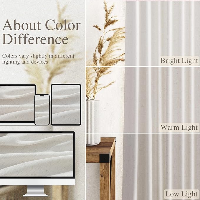 Nanspring Natural Linen Curtains 108 Inches Long for Living Room Light Filtering Sheer Curtains Back Tab and Rod Pocket Farmhouse Floor to Ceiling Curtain for Bedroom High Window 52x108, 2 Panels