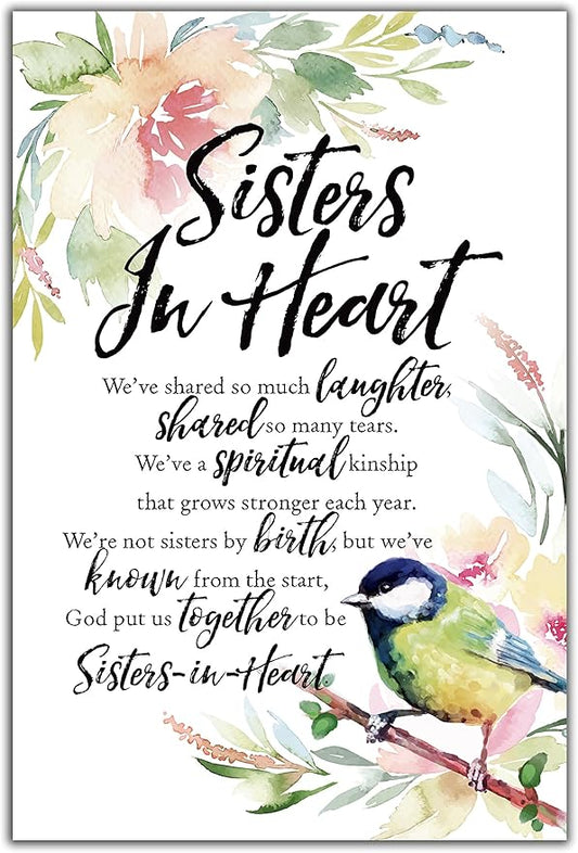 DEXSA Sisters In Heart Wood Plaque with Inspiring Quotes 6"x9" - Elegant Frame Wall & Tabletop Decoration | Easel & Hanging Hook | Christian Family Religious Home Decor Saying | Made in the USA