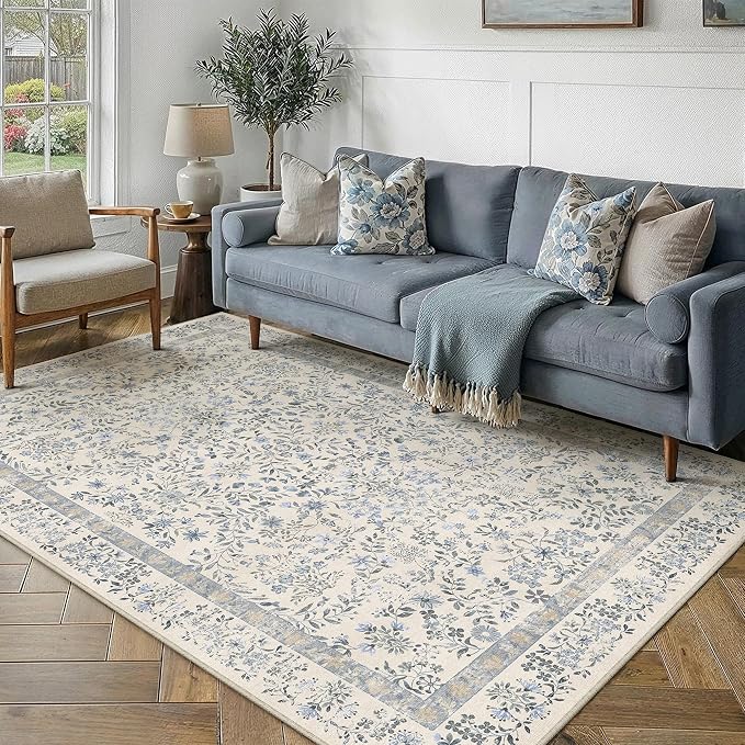 PureCozy 6x9 Blue Area Rug for Living Room Bedroom Washable Vintage Floral Carpet Low Pile Non Slip Botanical Aesthetic Dining Room Soft Accent Throw Rug Nursery Office Indoor