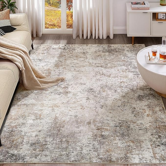 UERMEI 5x7 Area Rug Living Room Rugs - Washable Neutral Modern Abstract Soft Thin Large Rug Indoor Floor No Slip Rug Carpet for Bedroom Under Dining Table Home Office Decor - Brown Grey