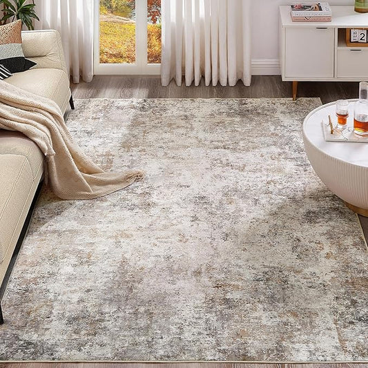 UERMEI 9x12 Area Rug Living Room Rugs - Washable Neutral Modern Abstract Soft Thin Large Rug Indoor Floor No Slip Rug Carpet for Bedroom Under Dining Table Home Office Decor - Brown Grey