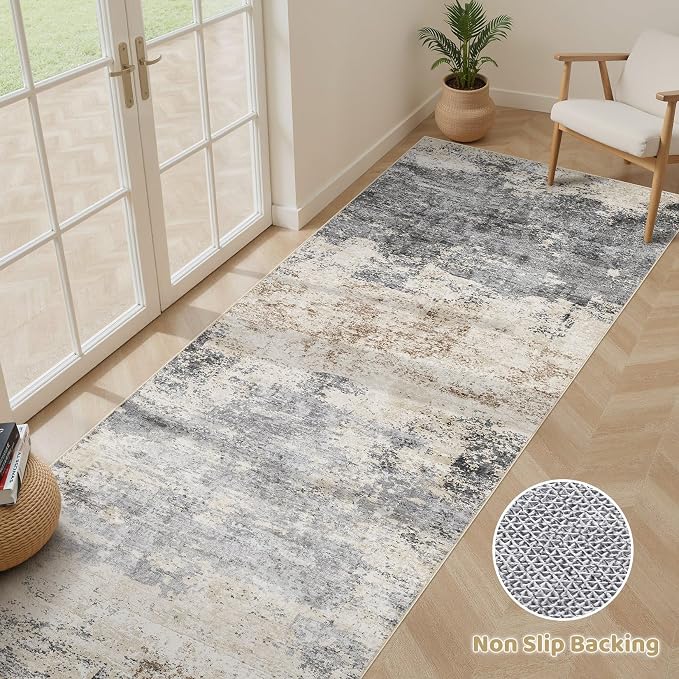 Runner Rug Kitchen Washable Rugs: 3x10 Non-Slip Abstract Soft Modern Stain Resistant Indoor Floor Neutral Accent Throw Carpet for Hallway Bathroom Laundry Room Entryway Bedroom- Grey Brown