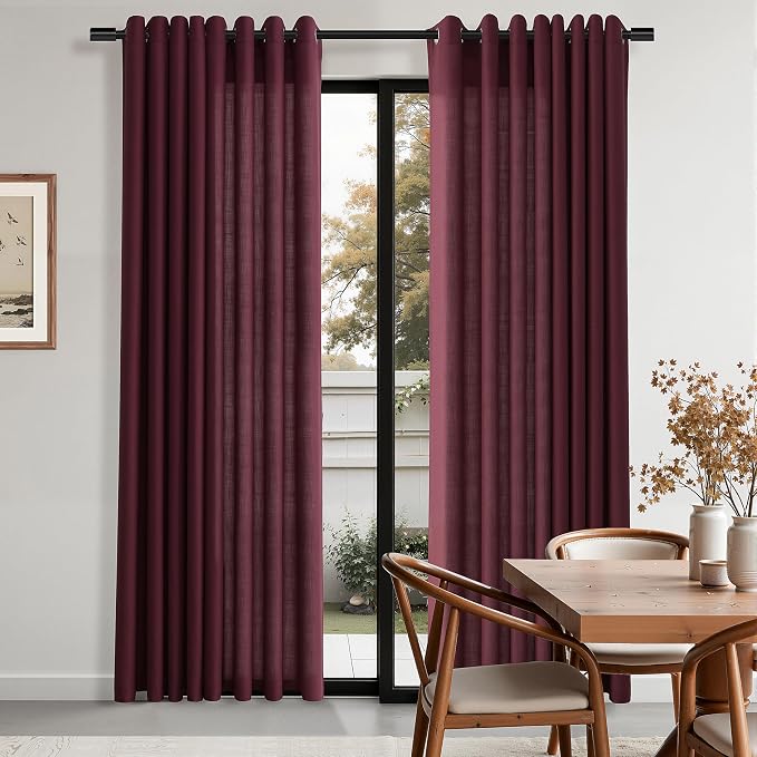 Aersas Burgundy Linen Grommet Curtains 84 Inches Long for Living Room Bedroom Neutral Morden Farmhouse Privacy Semi Sheer Light Filtering Floor Ceiling Linen Drapes 84 Length 2 Panels Set