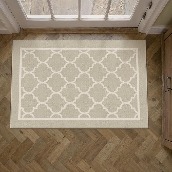 PureCozy Beige 2x3 Rug for Entryway Machine Washable Small Area Rug Non-Slip Stain Resistant Door Mat Low Pile Accent Indoor Throw Carpet for Entrance Kitchen Bedroom Laundry