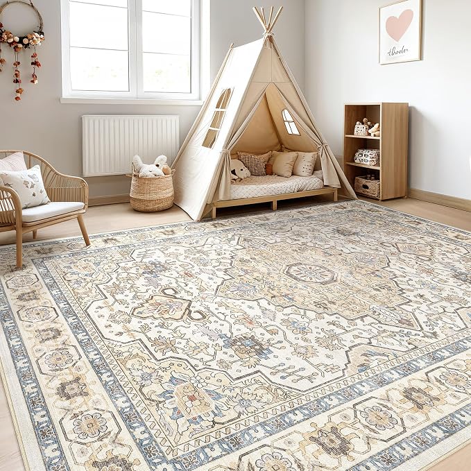 10x12 Area Rug Living Room: Washable Boho Large Neutral Vintage Soft Rug Stain Resistant Farmhouse Non-Slip Indoor Floor Carpet for Bedroom Nursery Kids Playroom Office Dining Room- Sand Blue
