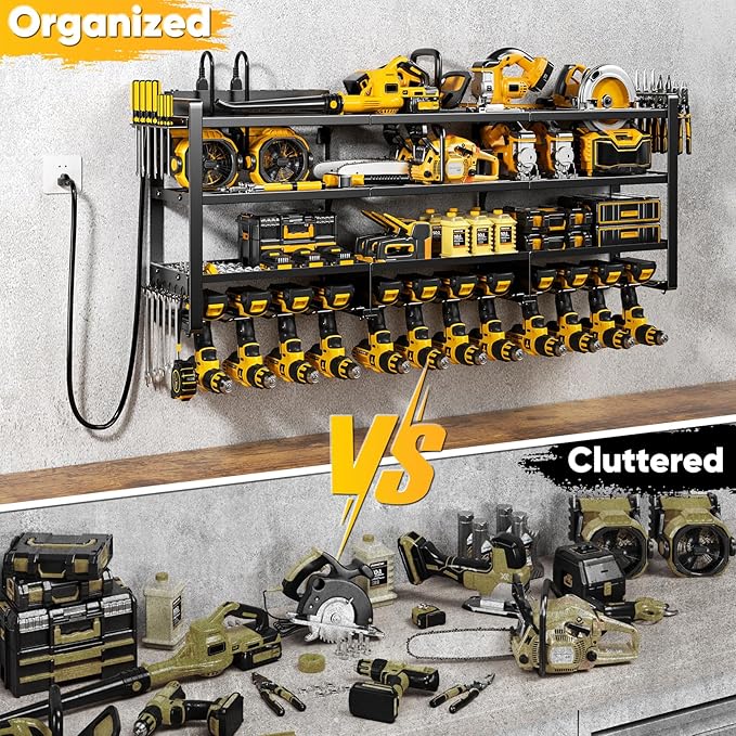 POKIPO 49.5" W Large Power Tool Organizer Wall Mount with Charging Station, 4 Tier Heavy Duty 12 Cordless Drills Holder Load 800 lb, Tool Battery Storage Rack Built in 8 Outlet Power Strip for Garage