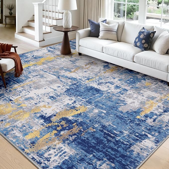 RELEANY Washable Area Rugs 7x10 Non-Slip Modern Abstract Soft for Living Room Entryway Bedroom Nursery, Print Pattern, Grey Blue Gold/Golden