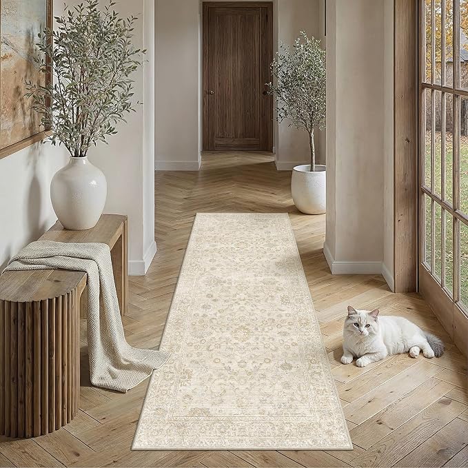 2x5 Beige Washable Runner Rug for Living Room Bedroom Neutral Soft Floral Non Slip Runner Rug Lightweight Vintage Low Pile Distressed Carpet Kitchen Hallway Bedroom Bathroom