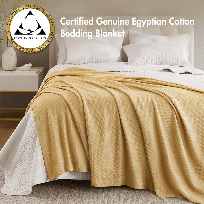 Madison Park 100% Egyptian Cotton Lightweight Summer Blanket, Breathable Waffle Knit Design, Soft Cozy All-Season Throw for Bed, Couch or Sofa, Mustard Yellow Twin Size (66"x90")