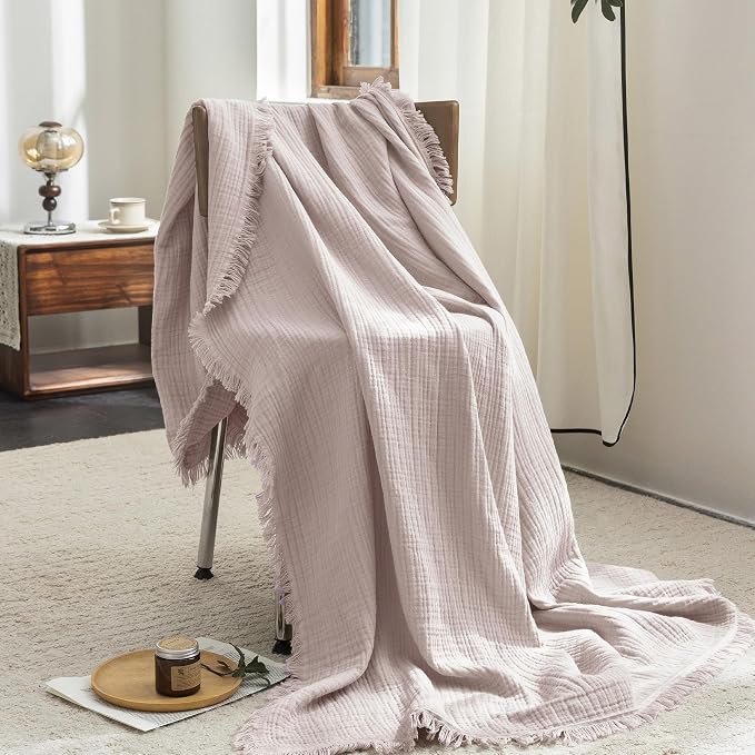 FOSSA Muslin Blanket 4-Layer 100% Cotton Gauze Blanket with Fringe 104"x90" | Super Soft Breathable Lightweight All Season & Decorative Blanket or Bed, Sofa, Office (Greyish Pink, King )