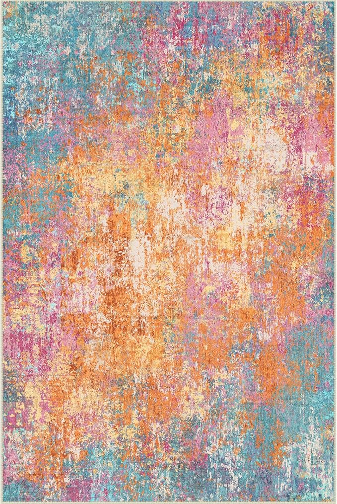 RELEANY Washable Area Rugs 6'x9' Non-Slip Modern Abstract Soft for Living Room Entryway Bedroom Nursery, Print Pattern, Orange Blue Pink Yellow Colorful