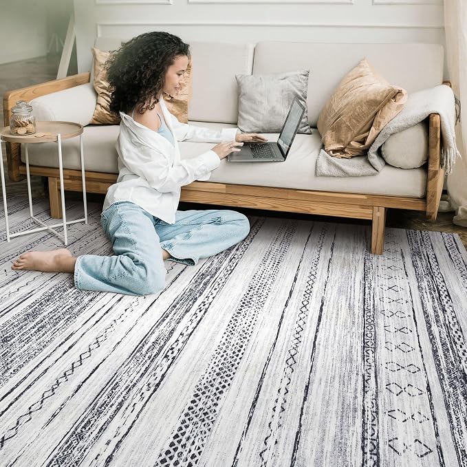 Tortania Area Rug Living Room Rugs - 10x14 Washable Large Soft Neutral Boho Moroccan Bohemian Farmhouse Rug Indoor Floor Carpet for Bedroom Under Dining Table Home Office Decor - Grey