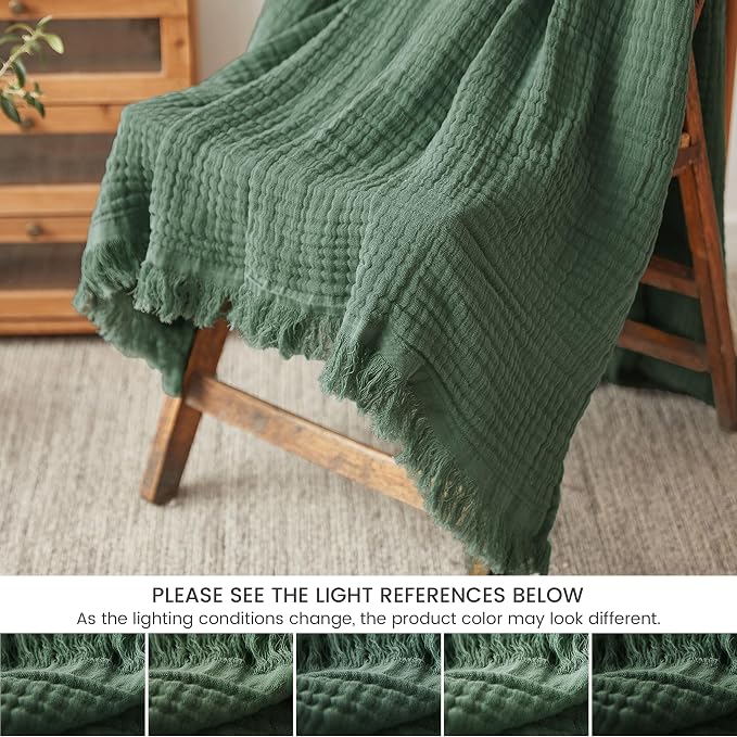 FALUCA Cotton Muslin Throw Blanket 50x60 Inches for Bed, Couch, Knit Woven Gauze Blanket, Soft Lightweight Cozy Breathable Farmhouse Decoration for All-Season, Olive Green