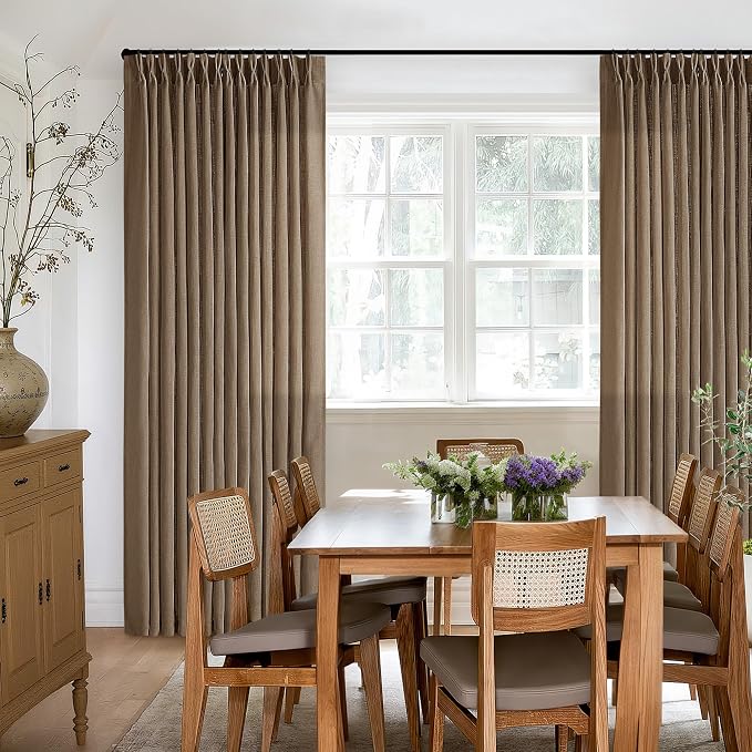 112 Inch Linen Curtains 2 Panels Set Pinch Pleated for Living Room Bedroom Memory Training Shaped Semi Sheer Dutch Cocoa Pinch Pleat Drapes Hooks Rings Light Filtering Window Curtain Drapes