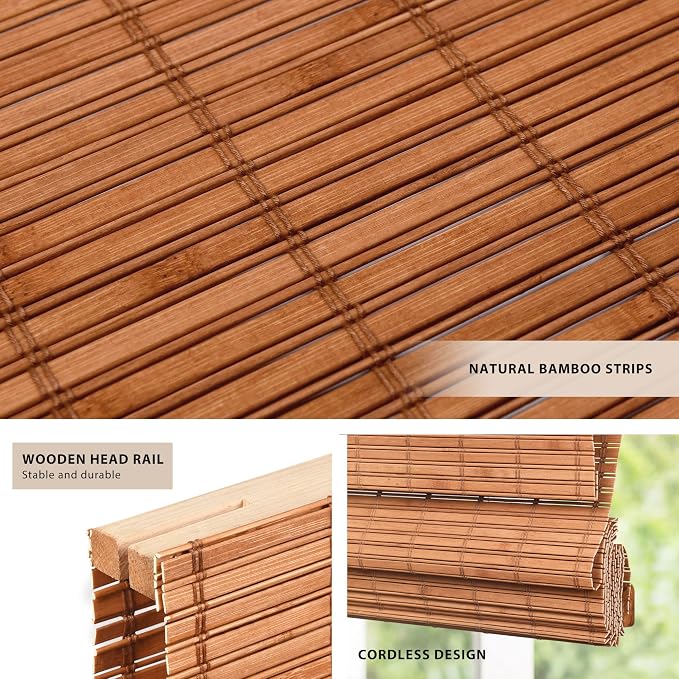 LazBlinds No Tools No Drill Cordless Bamboo Roman Shades, Light Filtering Window Treatment, Roll Up Bamboo Blinds for Windows 29'' W x 64'' H, Wood
