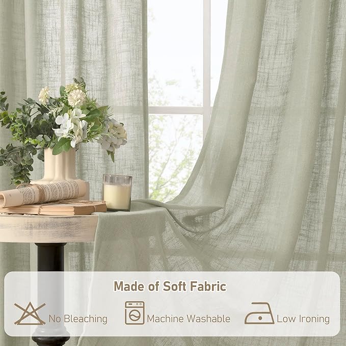 LAMIT Sage Grey Linen Curtains 54 Inch Length 2 Panels, Light Filtering Panels Back Tab and Rod Pocket Neutral Drapes for Kitchen/Window/Bedroom, 52 x 54 Inch