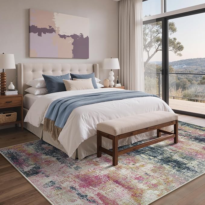 BEIMO Area Rugs 8x10 for Living Room Bedroom, Modern Abstract Machine Washable Rug, Large Soft Low Pile Floor Carpet with Non Slip Backing for Dining Room, Navy/Pink