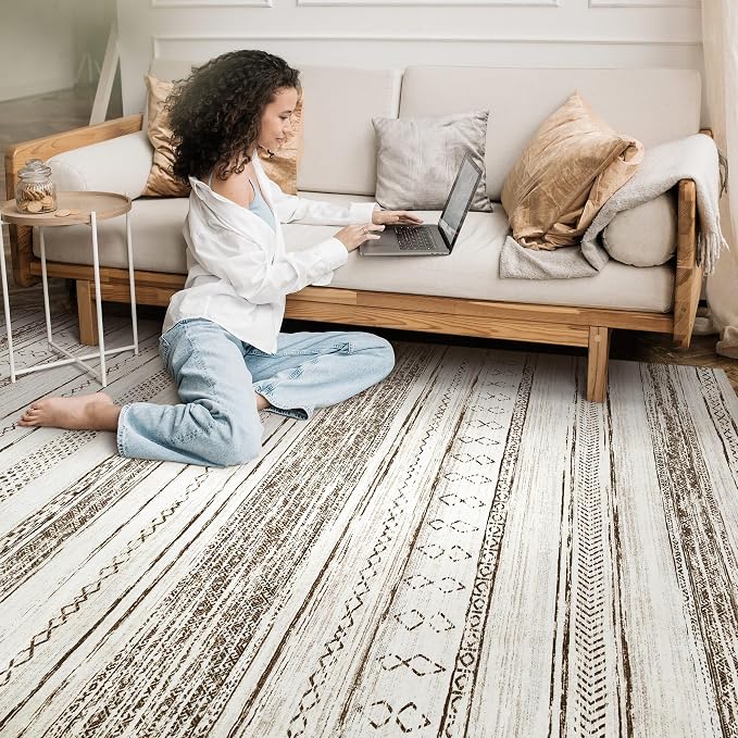 Tortania Area Rug Living Room Rugs - 12x15 Washable Large Soft Neutral Boho Moroccan Bohemian Farmhouse Rug Indoor Floor Carpet for Bedroom Under Dining Table Home Office Decor - Beige