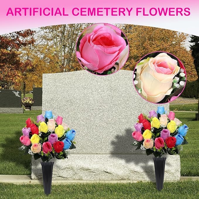 Lodou Set of 2 Artificial Cemetery Flowers, Memorial Flowers Bouquet,Grave Memorial Flowers with Vase for Cemetery Headstones Decoration (Color)