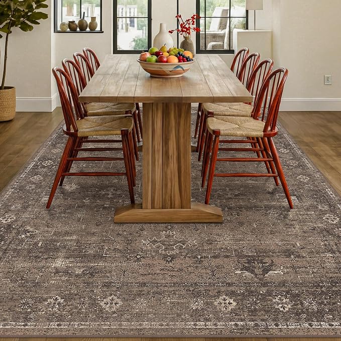 Farmhouse Brown Washable 8x10 Area Rug for Living Room, Dark Neutral Vintage Distressed Large Rug for Bedroom, Non-Slip Soft Stain Resistant Carpet for Dining Room Office Décor