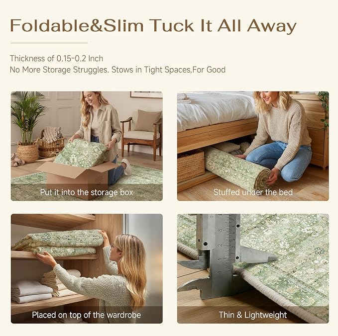 HUGEAR 8x10 Machine Washable Rugs Light Green Hallway Large Area Rug Indoor Accent Rug Floral Low Pile Carpet Soft Throw Aesthetic Rug Bedroom Living Room Office Dining Room Kitchen Laundry Room