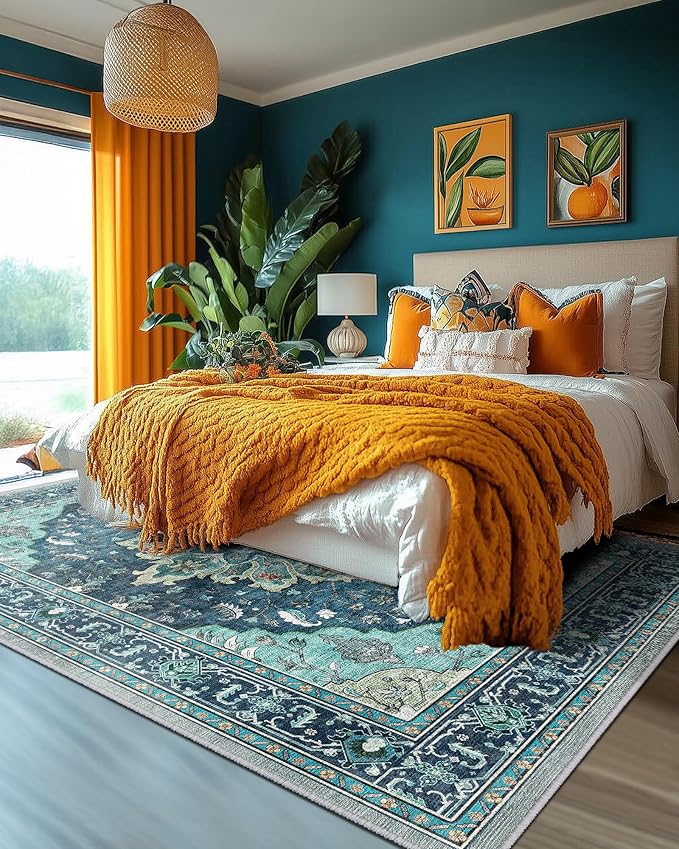 RELEANY Area Rugs 6'x9' Washable Non-Slip, Floral Vintage Distress Print Pattern Medallion Carpet for Living Room Bedroom Dining Room, Teal Green Lake Blue Turquoise