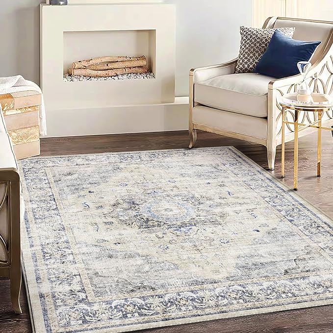 CHAMPLANT Area Rug 5'x7' Washable Rug Floral Blue Vintage Traditional Floor Cover Thin Retro Kitchen Indoor Distressed Non Slip Carpet for Living Room Bedroom Dining Room