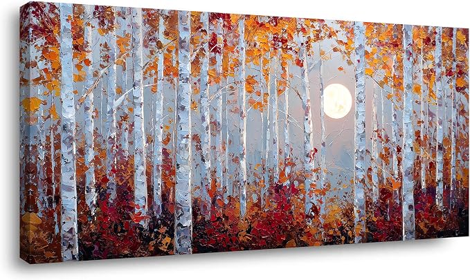 Ggaafet Birch Forest Wall Art for Living Room Canvas Oil Painting Prints Beautiful Moon Night Art Deco Modern Artwork Office Bedroom Family Dining Room Decor Extra Large