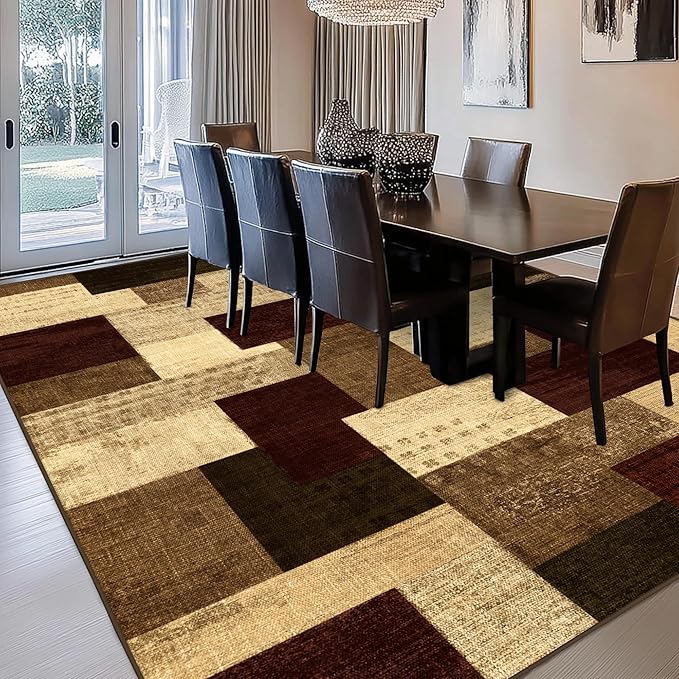 Modern Geometric Patchwork Indoor Area Rug for Living Room, Red 10x14 Large Rug Rockwood Collection Hardwood Floors Decor for Bedroom, Burgundy Throw Carpet for Office Entryway Dining Room