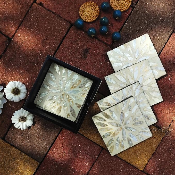 6 Pack Mother of Pearl Squre Coasters with Holder, Seashell Inlay Square Cup Holders with Organizer, Decorative Coasters Capiz Shell Trivet for Coffee Table, 5", I-lan (Gold Leaf)