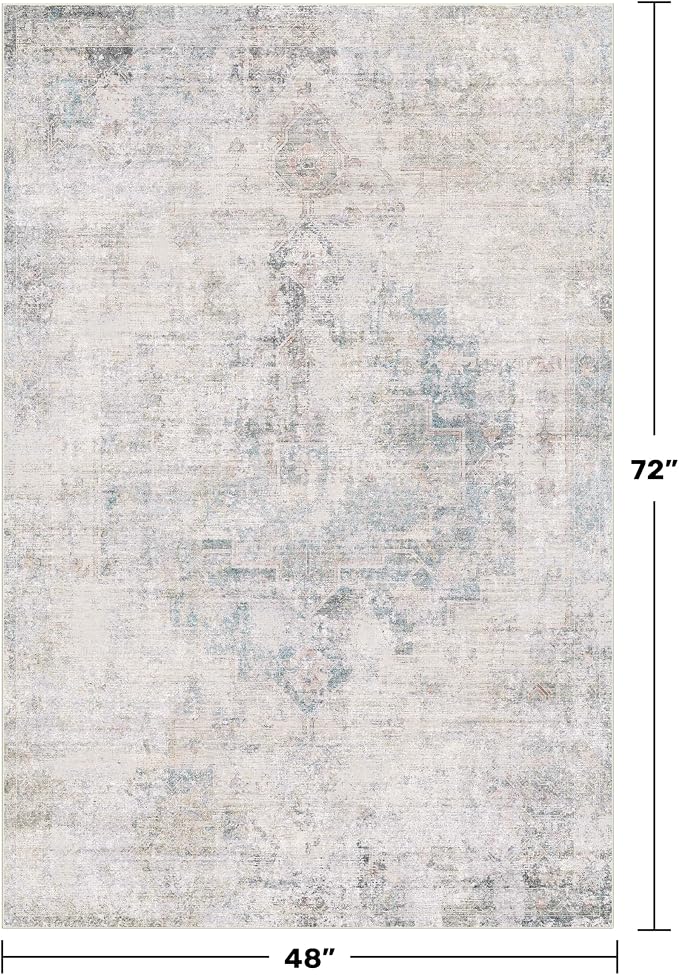 Washable 4x6 Rug for Small Living Room, Area Rug for Kitchen, Bedside, Large Entryway Indoor - Stain Resistant Non Slip with Rubber Backing, Unique Floral Aethestic Décor, Light Blue & Gray