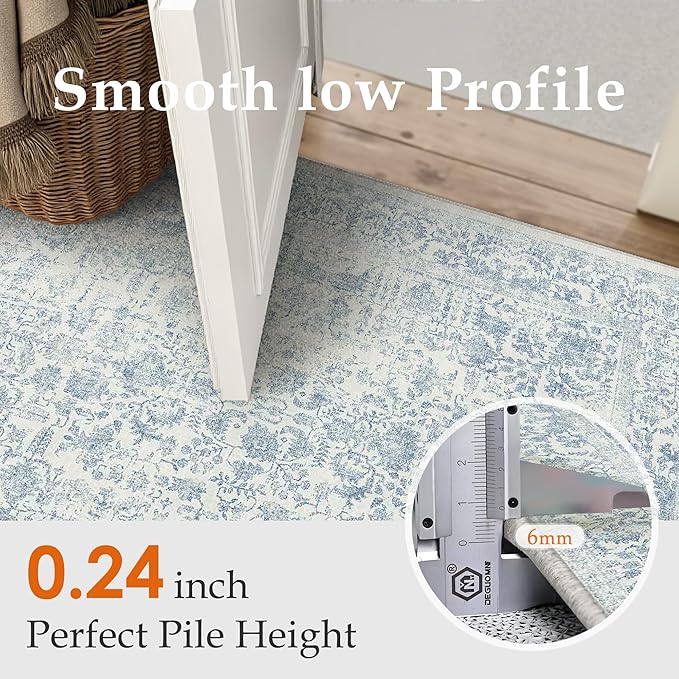 PureCozy Blue Area Rug 4x5 Office Entryway Rug Machine Washable Kitchen Vintage Distressed Non Slip Carpet Indoor Retro Floral Accent Throw Door Mat for Bathroom Bedroom Dining Living Room