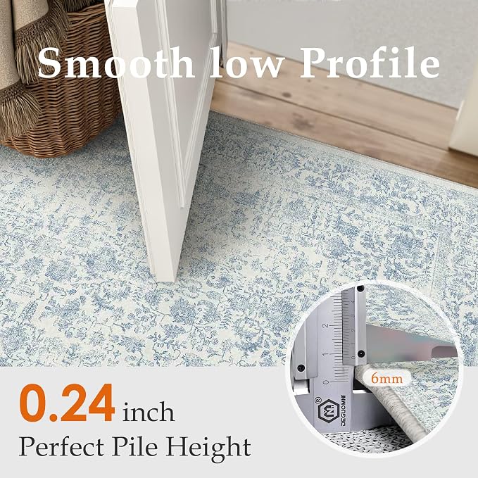 PureCozy Blue Area Rug 3x4 Office Entryway Rug Machine Washable Kitchen Vintage Distressed Non Slip Carpet Indoor Retro Floral Accent Throw Door Mat for Bathroom Bedroom Dining Living Room