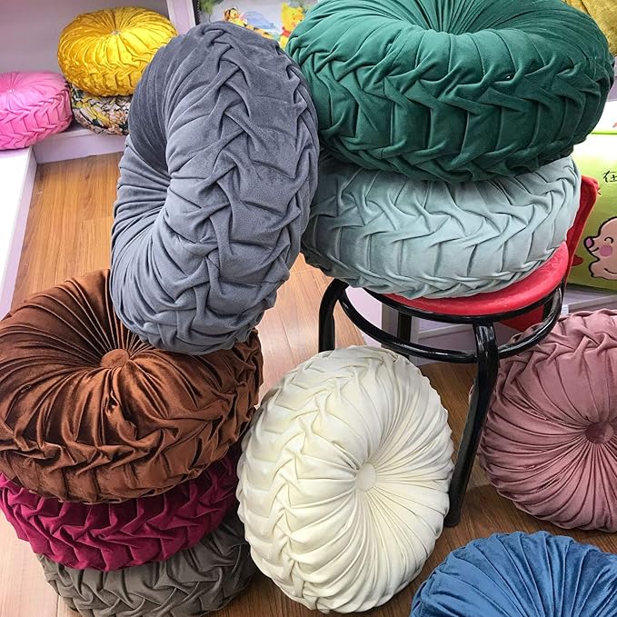 Teieas Round Throw Pillow Velvet Home Decoration Pleated Round Pillow Cushion for Couch Chair Bed Car Beige