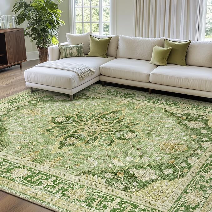 RELEANY Area Rugs 7'x10' Washable Non-Slip, Floral Vintage Distress Print Pattern Medallion Carpet for Living Room Bedroom Dining Room, Sage Green Yellow