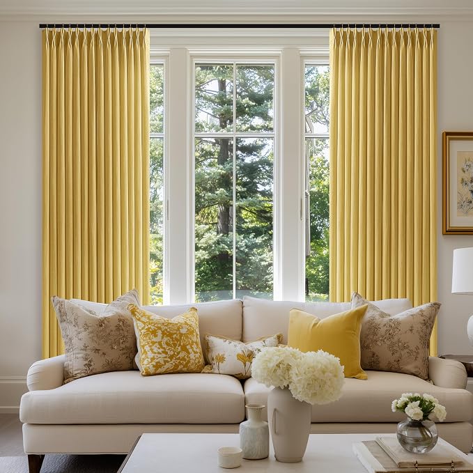 Extra Long Mustard Yellow Linen Curtains 120 Inches Long Retro Farmhouse Rustic Curtain Light Filtering Semi Sheer Back Tab Pinch Pleat Curtain for Tall Ceiling Living Room 2 Panels Harvest Gold