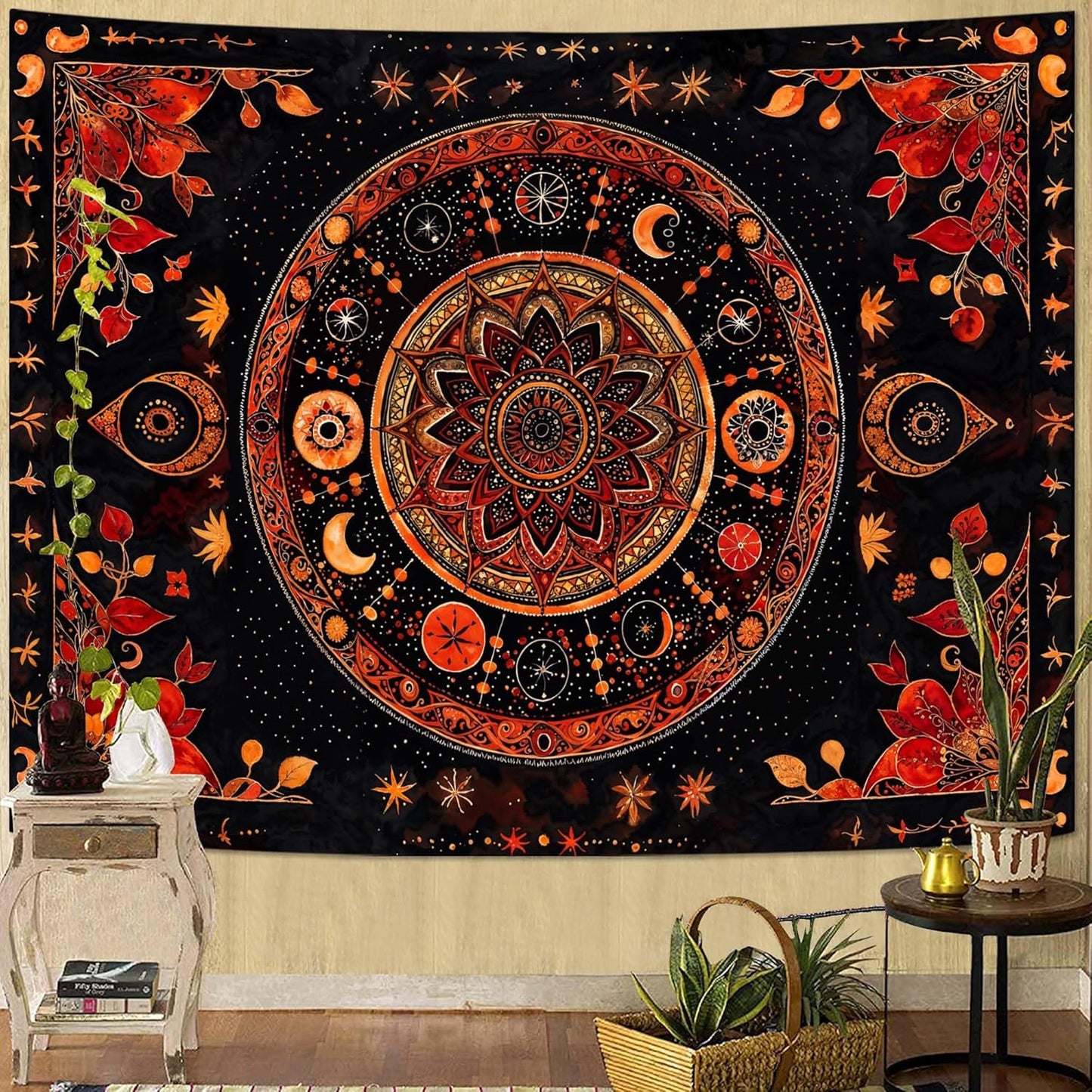 Lunerfex Mandala Moon and Stars Tapestry Boho Tapestry for Bedroom Black and Orange Tapestries Wall Hanging Living Room Wall Art and Home Decor 44x60