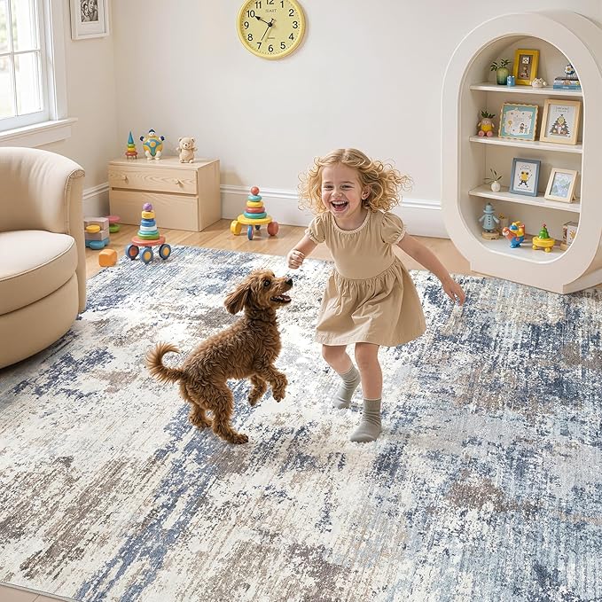 UERMEI 6x9 Area Rug Living Room Rugs - Washable Neutral Modern Abstract Soft Thin Large Rug Indoor Floor No Slip Rug Carpet for Bedroom Under Dining Table Home Office Decor- Denim Blue
